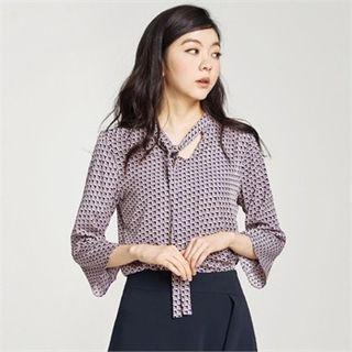 Tie-neck Flare-sleeve Pattern Blouse