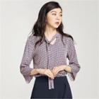 Tie-neck Flare-sleeve Pattern Blouse