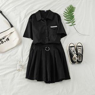 Set: Contrast-trim Shirt + Pleated Skirt
