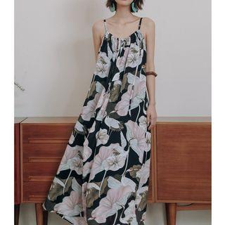 Spaghetti Strap Floral Maxi A-line Dress Dark Green - One Size