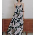 Spaghetti Strap Floral Maxi A-line Dress Dark Green - One Size