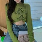 Long-sleeve Lettering Print T-shirt Green - One Size