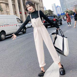 Long-sleeve Mock Neck T-shirt / Wide-leg Corduroy Pinafore Pants