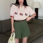 Elbow-sleeve Polo Neck Flower Print Knit Top / Shorts
