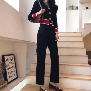Colored Panel Buttoned Jacket / Wide-leg Knit Pants