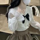 Collared Blouse With Bow - Blouse - White - One Size