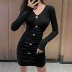 V-neck Long-sleeve Ruched Mini Sheath Dress