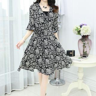 Elbow Bell Sleeve Printed Chiffon Dress