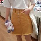 Fray-hem Button-front Mini Skirt