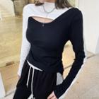 Long-sleeve Cutout Two-tone Mock-neck Top