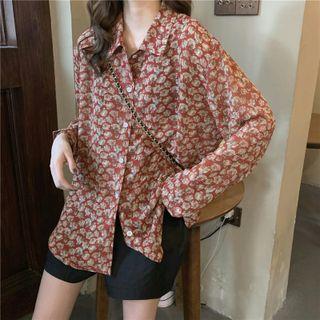 Long-sleeve Floral Blouse / Wide-leg Shorts