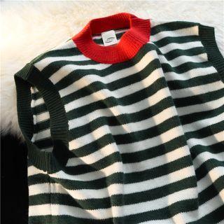 Striped Round-neck Knit Vest White & Green - One Size