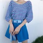 Striped Elbow-sleeve Top Blue - One Size