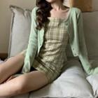 Plaid Spaghetti Strap Mini Sheath Dress / Cropped Cardigan