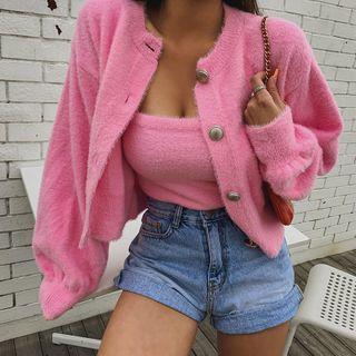 Set: Balloon-sleeve Cropped Fluffy Cardigan + Sleeveless Top