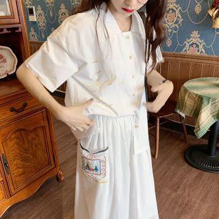 Pocket-front Printed Short-sleeve Shirt White - One Size