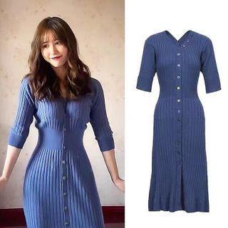 Elbow-sleeve Ribbed Knit Dress Blue - One Size