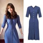 Elbow-sleeve Ribbed Knit Dress Blue - One Size