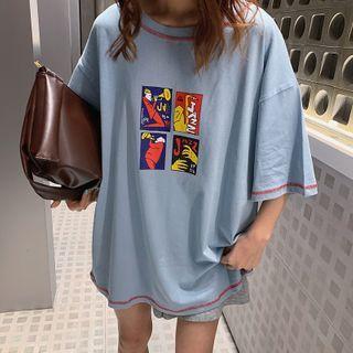 Contrast Stitching Printed Elbow-sleeve T-shirt