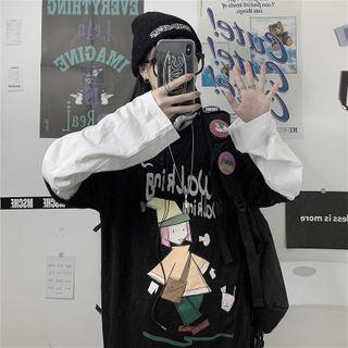 Cartoon Print Long-sleeve Panel T-shirt