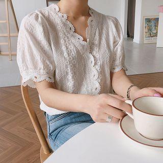 Eyelet Lace Puff Sleeve Crop Blouse