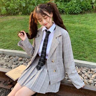 Long-sleeve Shirt / Tie / Plaid Blazer / Mini Plaid Pleated Skirt / Set