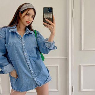 Pocket-front Boxy Denim Shirt Light Blue - One Size