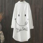 Smiley Face Embroidered Long Shirt White - One Size