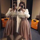 Set: Pocketed Blouse + High Waist Plaid Midi A-line Skirt