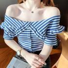 Short-sleeve Peter-pan Collar Off-shoulder Striped Crop Top