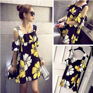 Short-sleeve Floral Cutout A-line Mini Dress