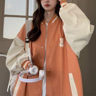 Bear Print Two-tone Baseball Jacket