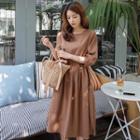 3/4-sleeve Drawstring-waist Linen Blend Midi Dress