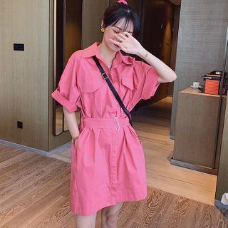 Short-sleeve Plain Cargo Dress With Belt