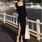 Set: Sleeveless Plain Dress + Long-sleeve Plain Cardigan