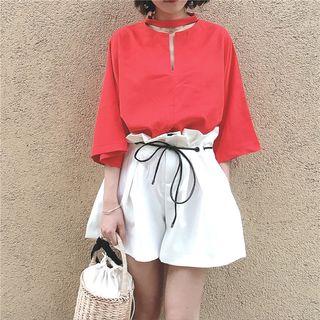 Set: Elbow-sleeve Chiffon Top + Wide Leg Pants