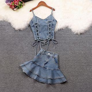 Set: Washed Denim Lace-up Camisole Top + Mini Mermaid Skirt