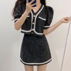 Short-sleeve Contrast Trim Blouse / Mini A-line Skirt