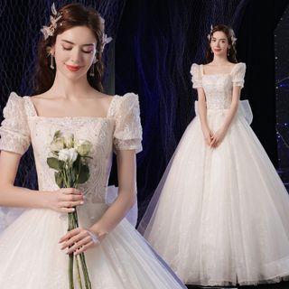 Short-sleeve Square-neck Embroidered A-line Wedding Gown
