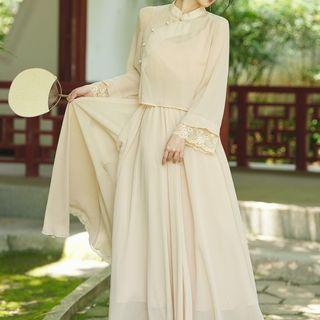 Set: Long-sleeve Plain Qipao Top + Spaghetti-strap Midi A-line Dress