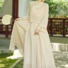 Set: Long-sleeve Plain Qipao Top + Spaghetti-strap Midi A-line Dress