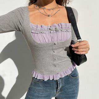 Mock Two-piece Ruffle Trim T-shirt