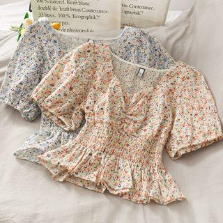 Eyelet Smocked-waist Floral Crop Top