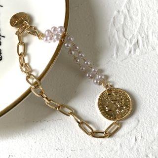 Coin Faux Pearl Layered Alloy Bracelet Gold - One Size