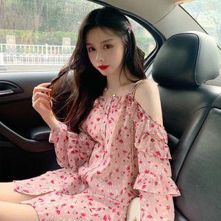 Flower Print Cold-shoulder Shift Dress