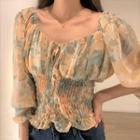 3/4-sleeve Floral Print Blouse Almond & Green - One Size