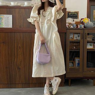 Elbow-sleeve Midi A-line Dress Almond - One Size