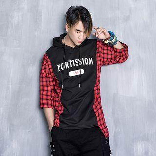 3/4-sleeve Plaid Panel Hooded T-shirt