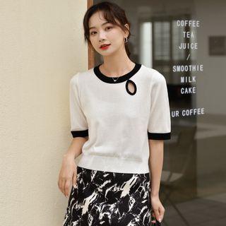 Short-sleeve Contrast Trim Cutout Knit Top