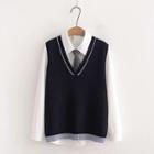 Set: Plain Shirt + V-neck Knit Vest + Neck-tie